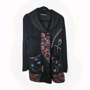 Liquid By Sioni Black Knit Wearable Art Wool Mohair Sweater Cardigan Boho Medium